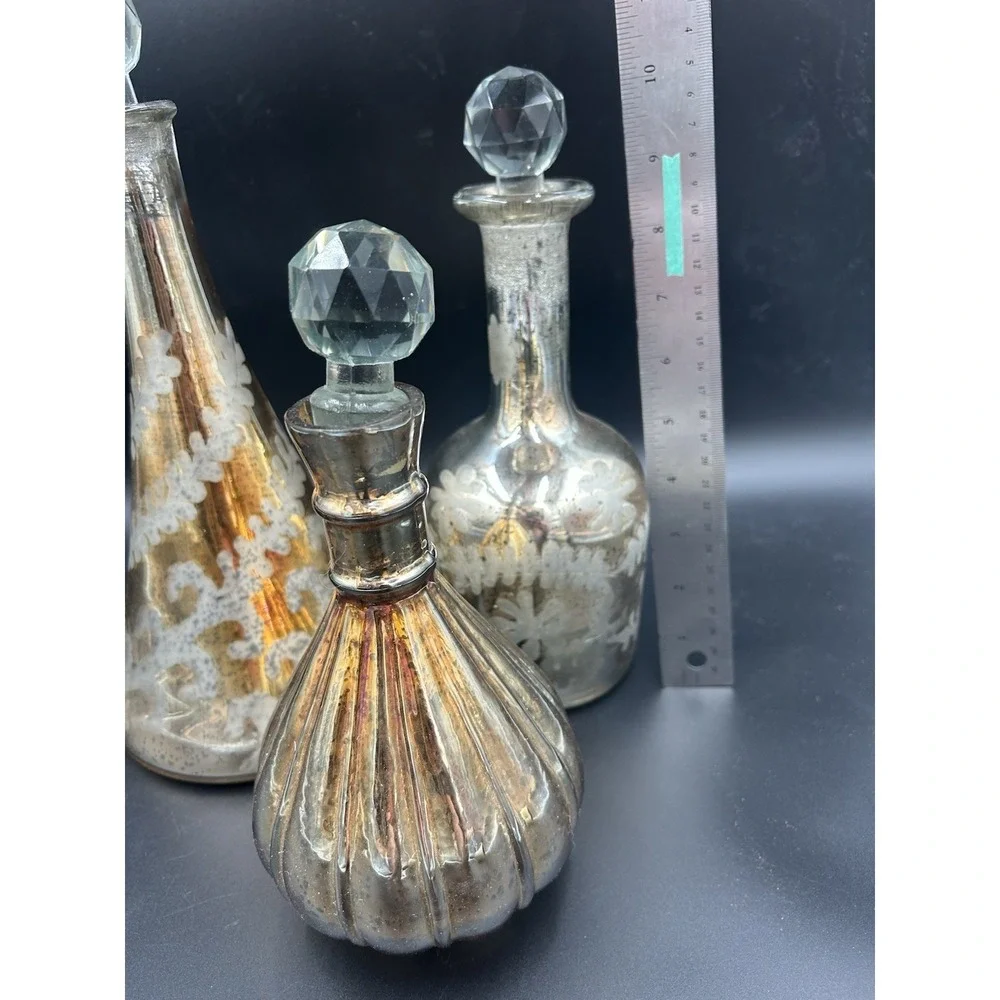 Gold Mercury Glass Decanters w/ Crystal Stoppers Vintage Style Set Of 3